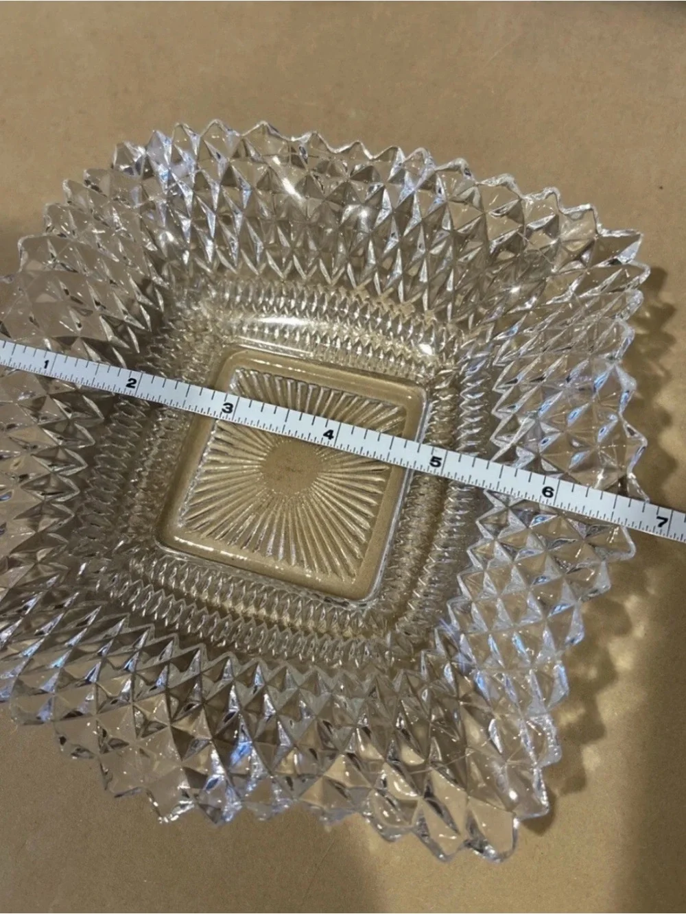 Vtg Indiana Glass Diamond Point Square Ruffled Edge Candy Trinket Dish 6.5×2'